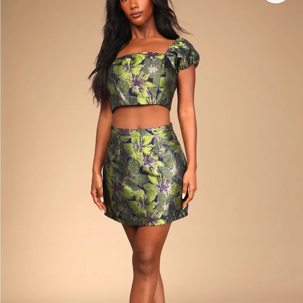 Green Floral Print Jacquard Two-Piece Dress